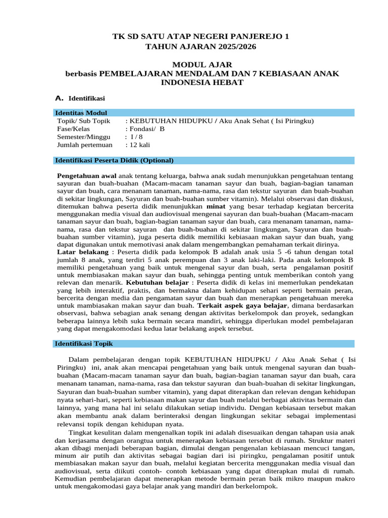 Modul Pembelajaran Anak Sehat 2025/2026 | PDF