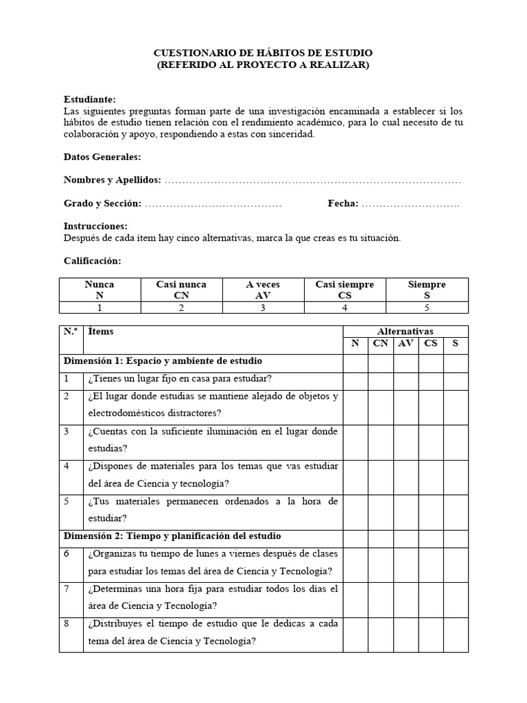 Cuestionario de Hábitos de Estudio | PDF | Cognición