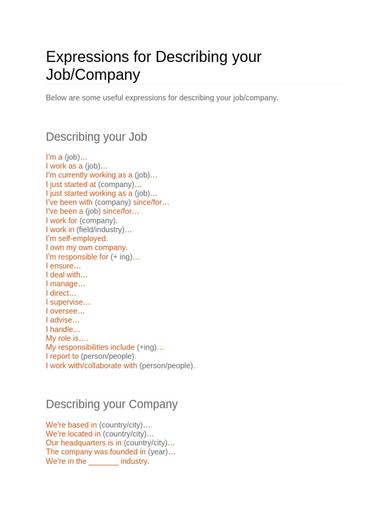 Describing Your Job and Company | PDF