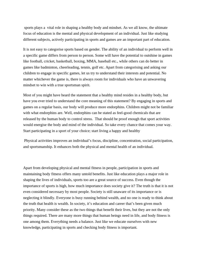 Importance of Sports for Health and Mindset | PDF | Sports | Physical ...