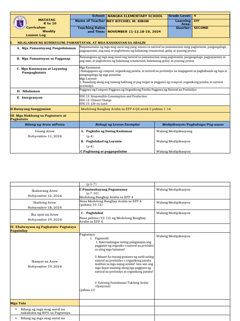 DLL Matatag - Epp 4 q2 w6 | PDF