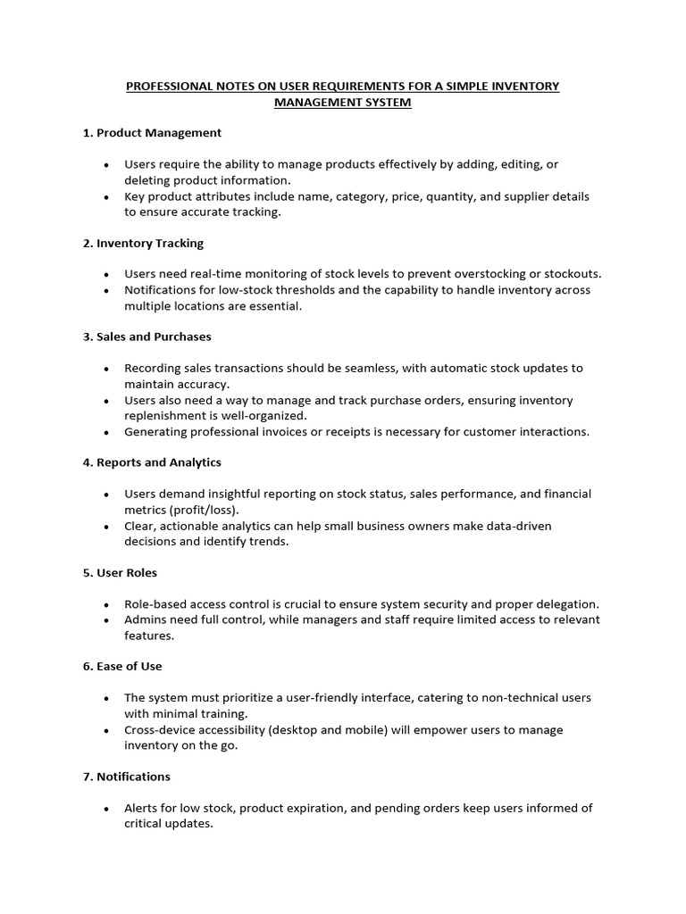 Isheka Notes On User Requirements For A Simple Inventory Management ...