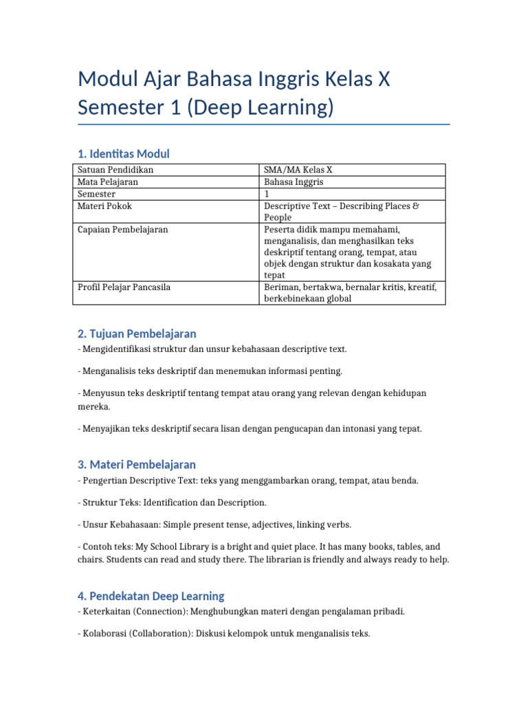 Modul Ajar Descriptive Text Kelas X | PDF