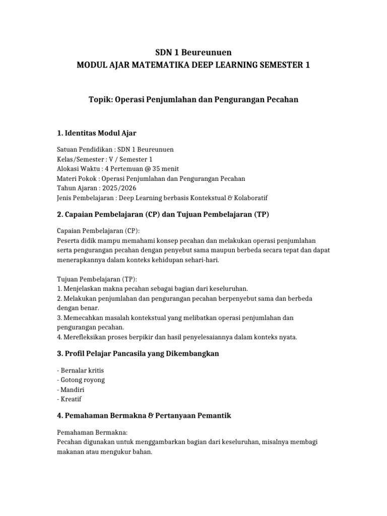 Modul Ajar Deep Learning Matematika Kelas 5 | PDF