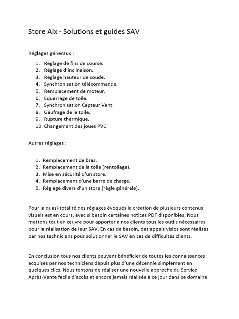 Guide complet du SAV pour stores Aix | PDF