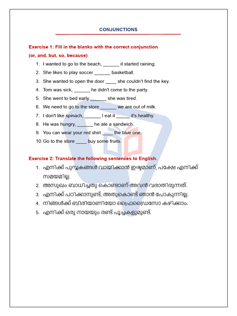 Conjunctions Worksheet Exercises | PDF