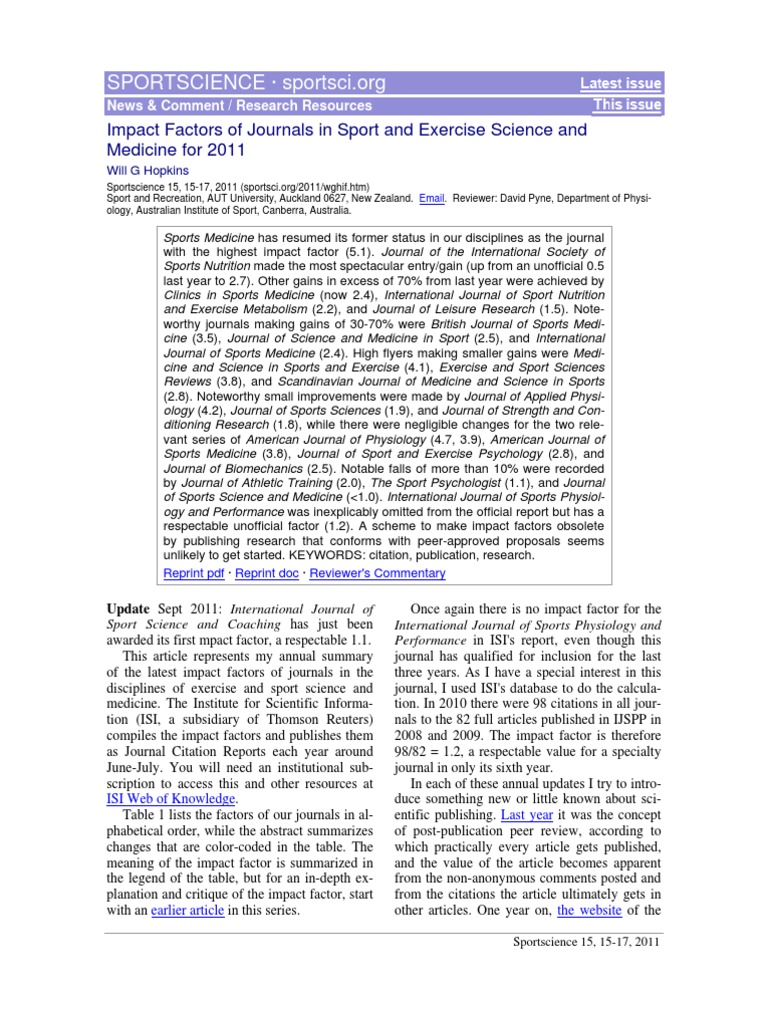 Impact Factors of Journals in Sport and Exercise Science ...