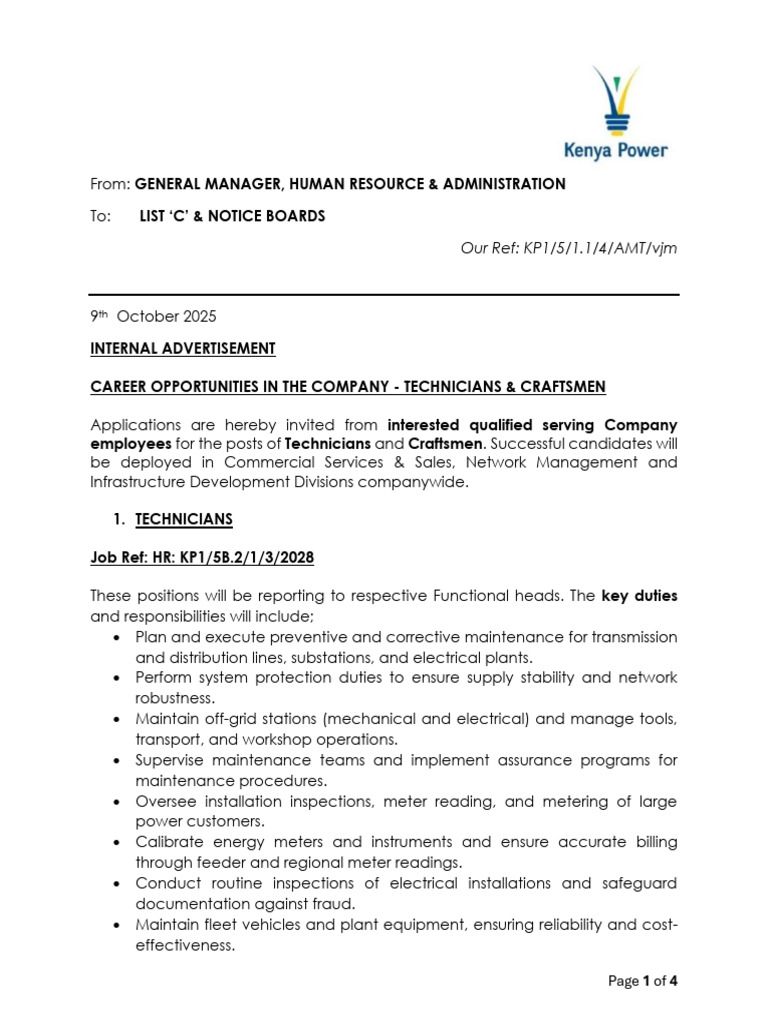 Internal Job Openings for Technicians & Craftsmen | PDF | Electric ...