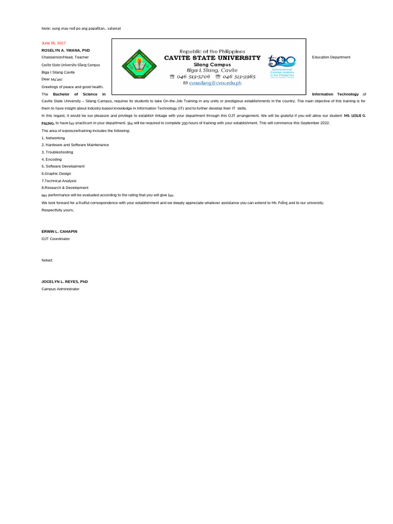 OJT Recommendation Letter (Edited) | PDF