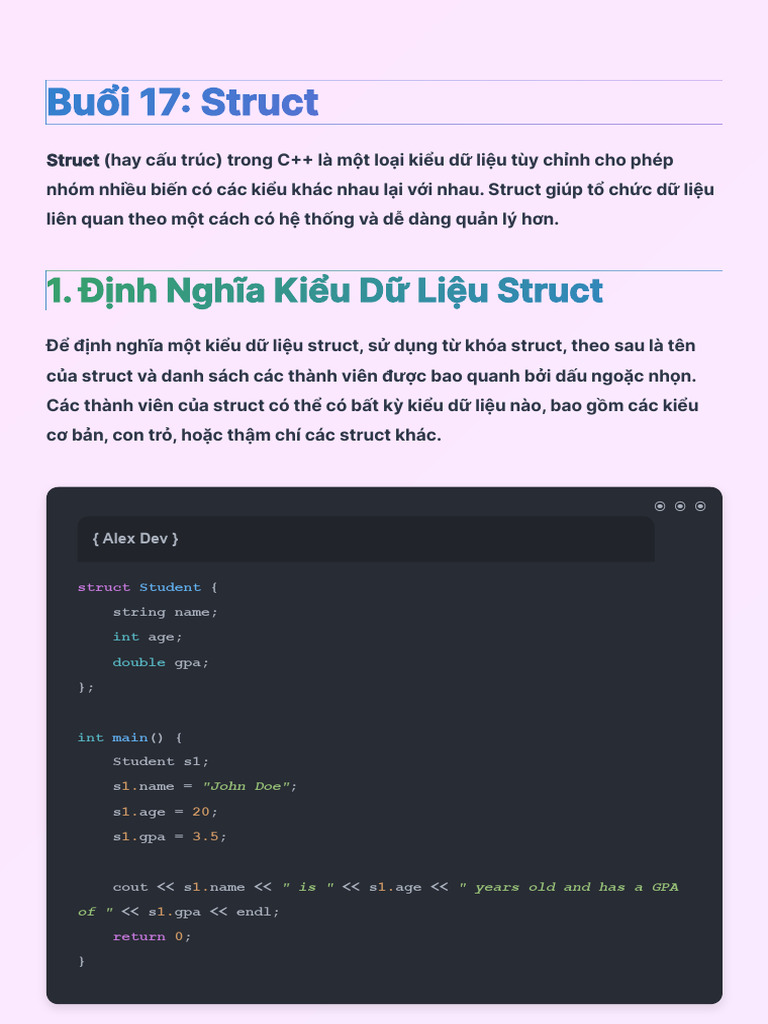 Buổi 17 Struct: 1. Định Nghĩa Kiểu Dữ Liệu Struct | PDF