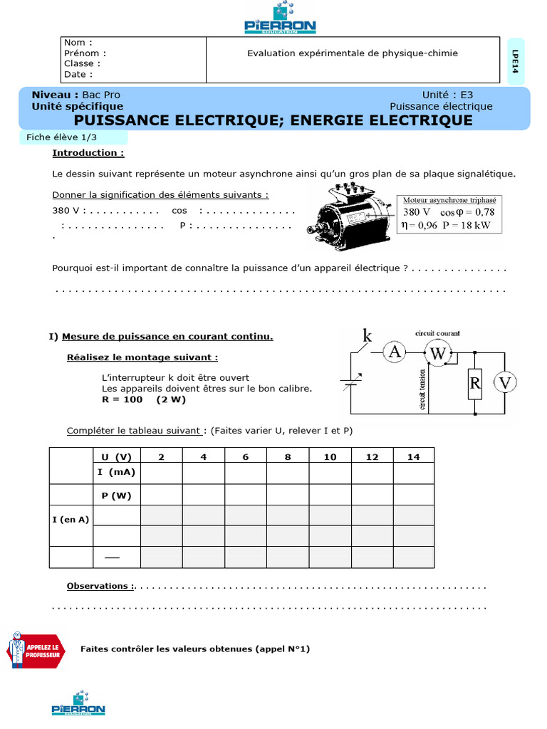 Évaluation de la puissance électrique Bac Pro | PDF | Puissance ...