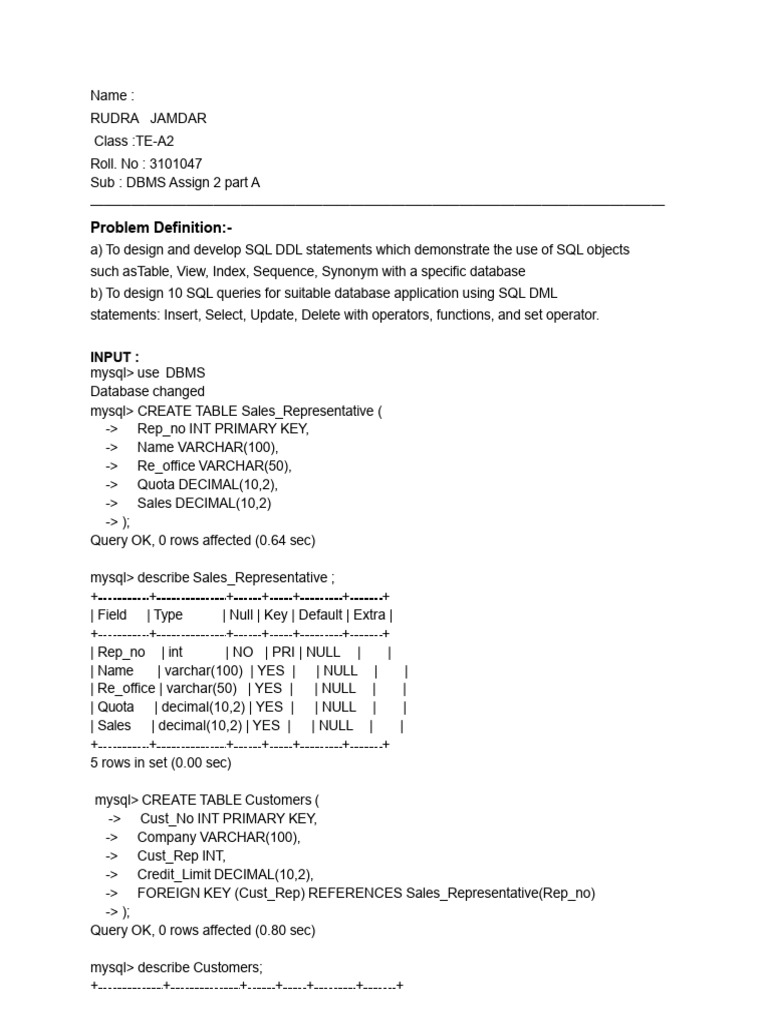 SQL DDL and DML Statements Example | PDF | Databases | Sql