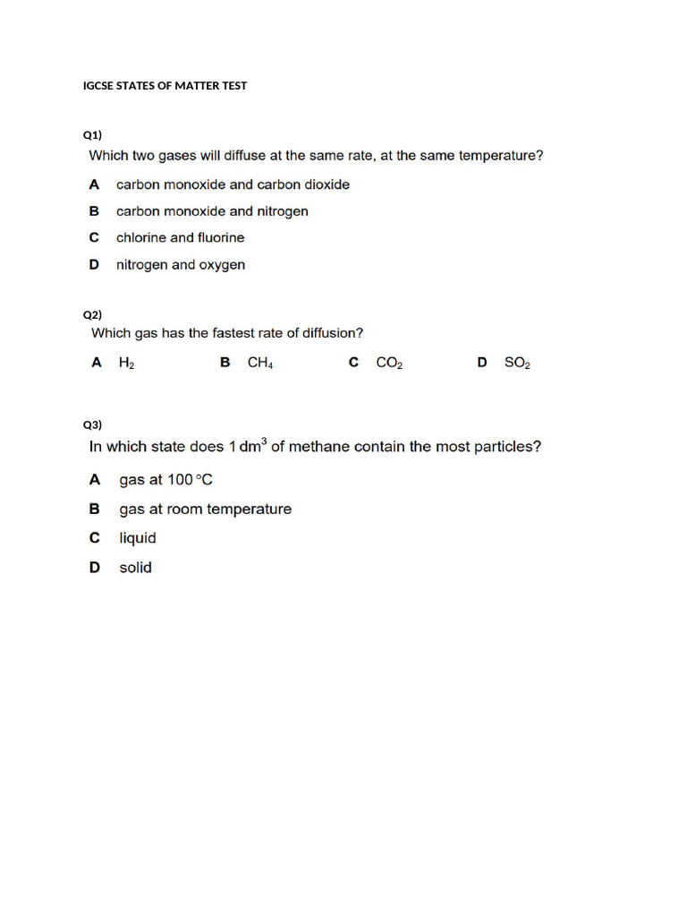 Igcse States of Matter Test | PDF