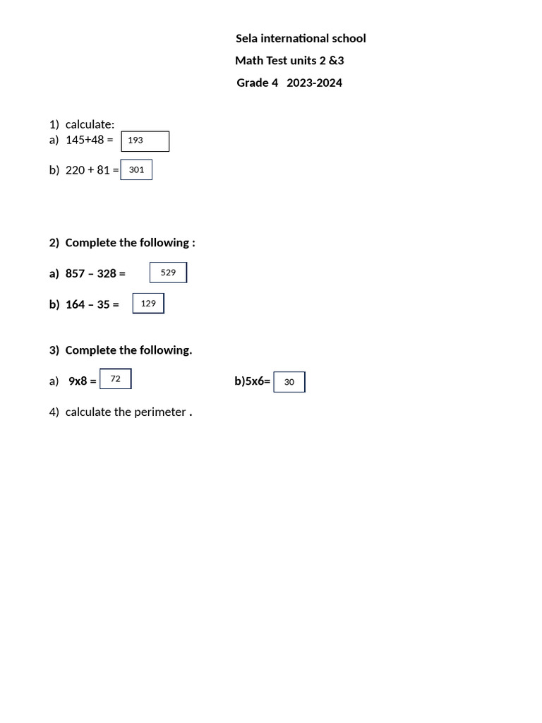 Grade 4 Math Test Units 2 & 3 | PDF