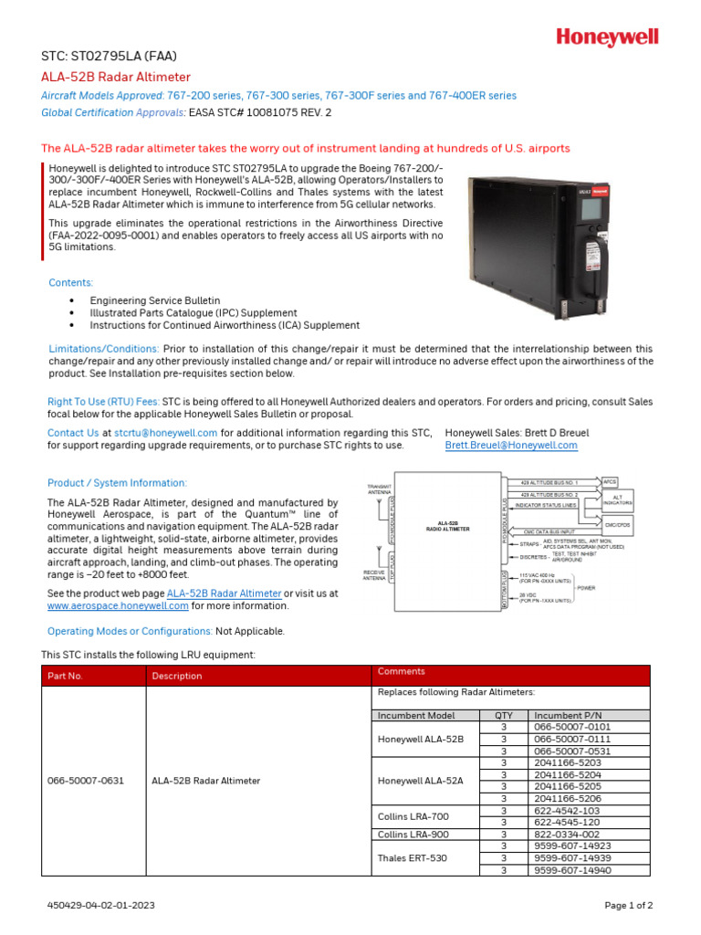 ALA-52B Radar Altimeter STC Overview | PDF | Aviation Safety | Aircraft