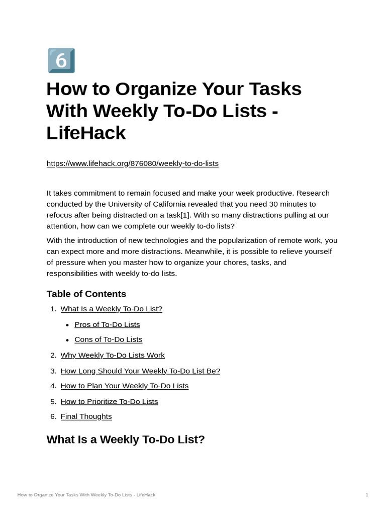 How To Organize Your Tasks With Weekly To-Do Lists | PDF | Time ...