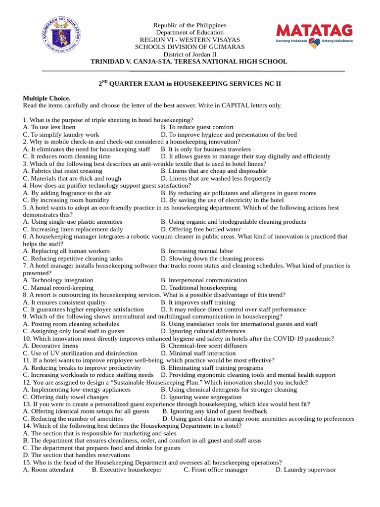 Housekeeping Services NC II Exam Questions | PDF | Housekeeping | Linens