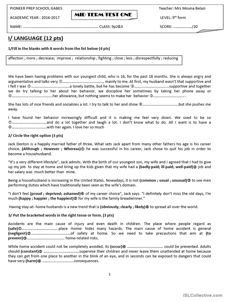 Mid Term Test 1 - 9th Form Pioneer | PDF
