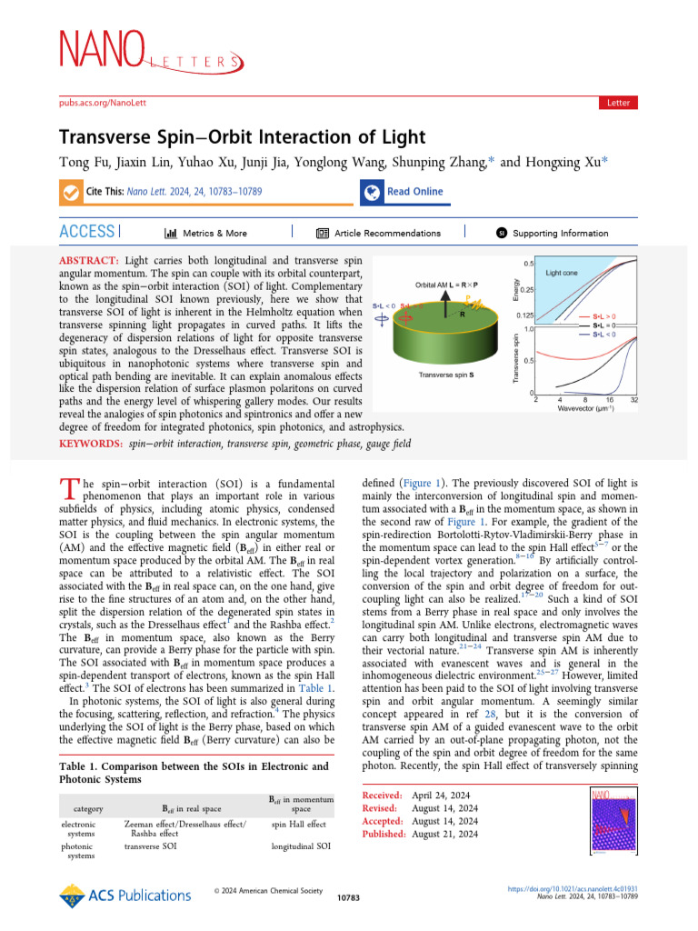 Transverse Spin Orbit Interaction of Light | PDF | Waves | Spin (Physics)