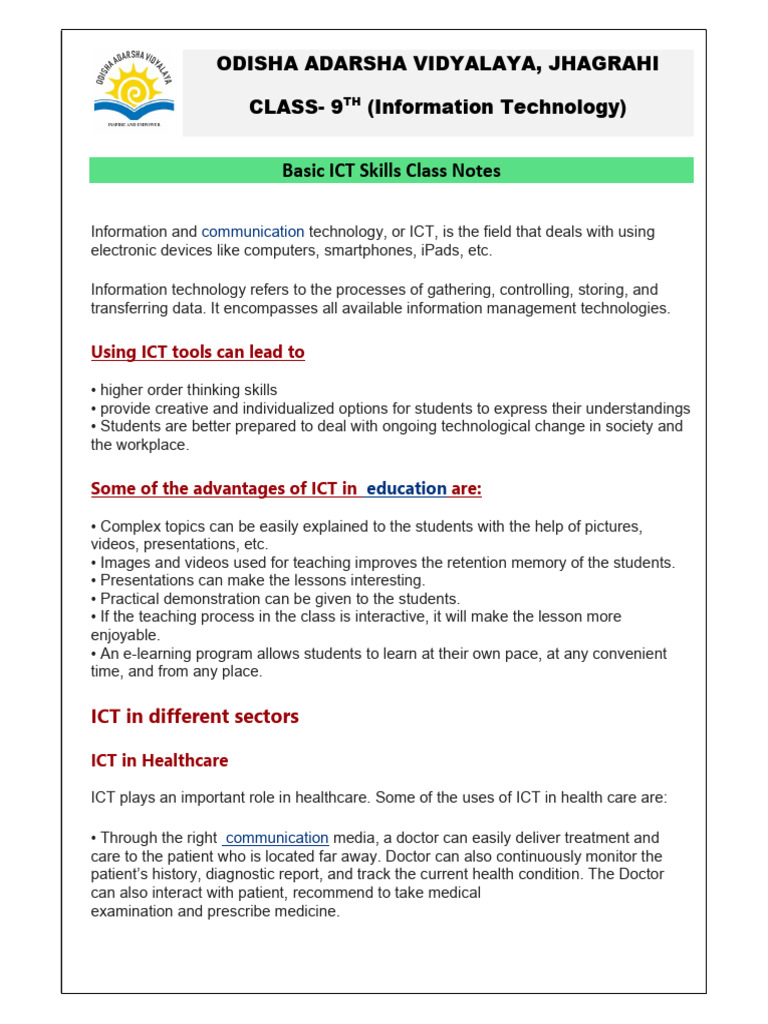 Basic ICT Skills Notes Class 9th | PDF | Byte | Computer Data Storage