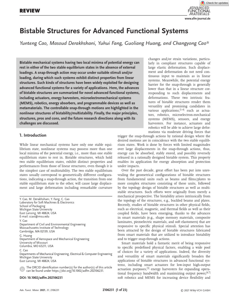 Adv Funct Materials - 2021 - Cao - Bistable Structures For Advanced ...
