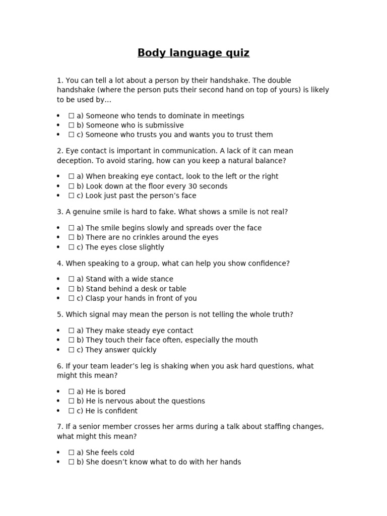 Body Language Quiz for Effective Communication | PDF
