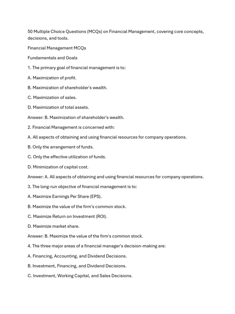 Financial Management MCQs Overview | PDF | Cost Of Capital | Capital ...