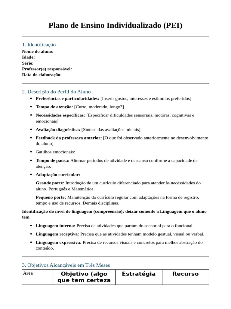 Plano de Ensino Individualizado (PEI) | PDF | Tempo | Pedagogia