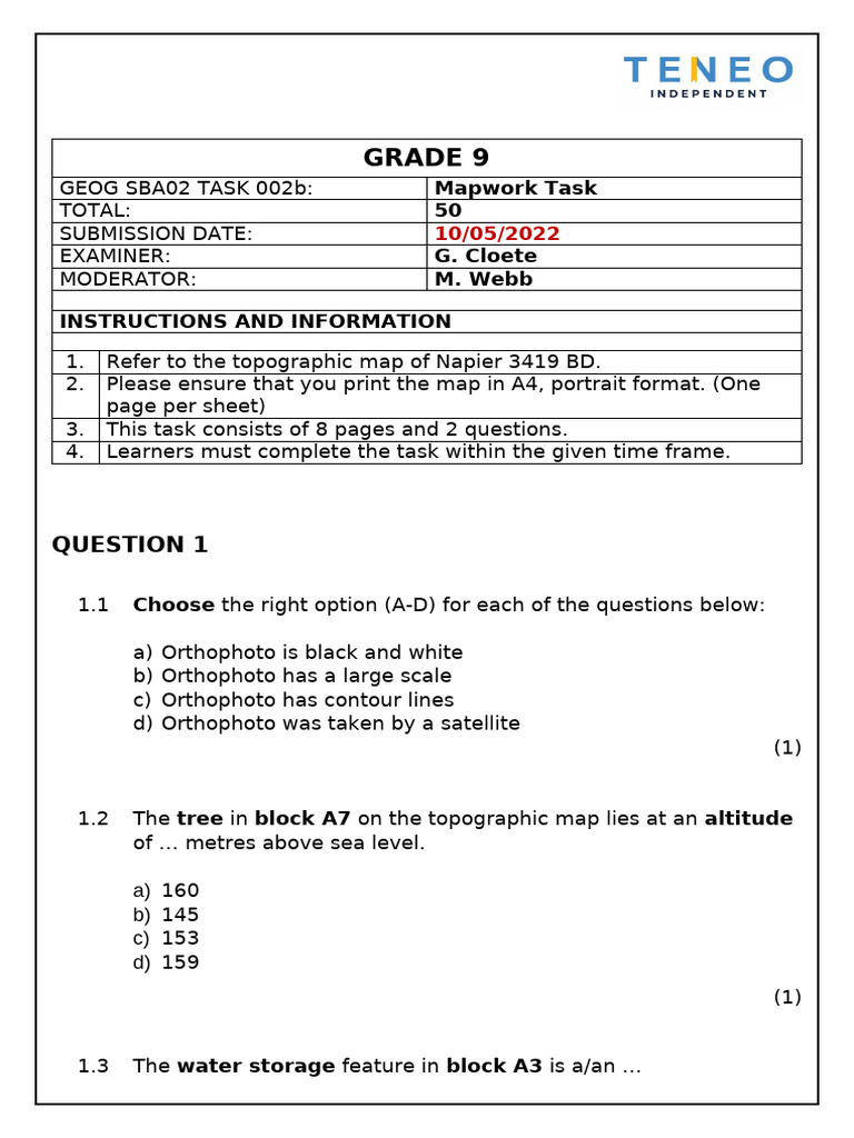 Grade 9 Topographic Mapwork Task | PDF | Map | Earth Sciences