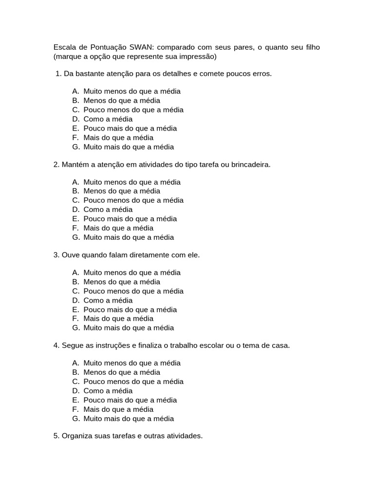 Escala SWAN para Avaliação de TDA/H | PDF
