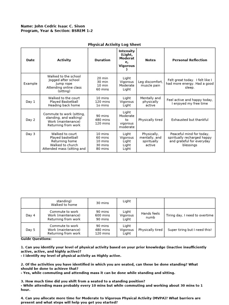 Physical Activity Log and Reflection | PDF | Determinants Of Health