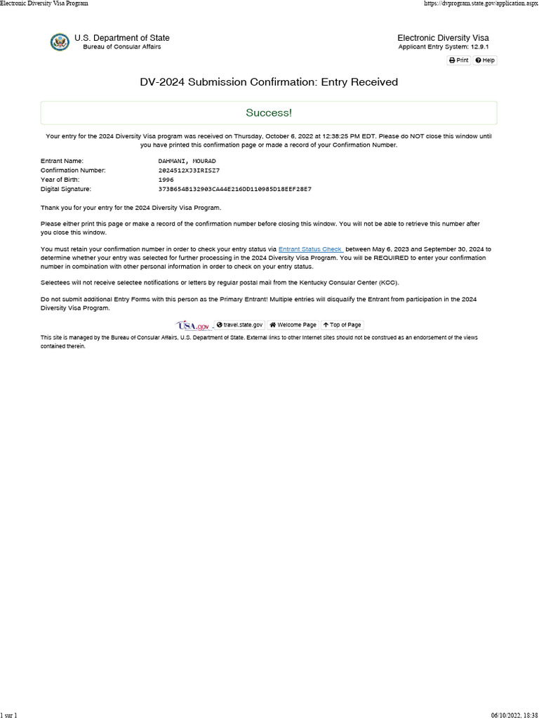 2024 Diversity Visa Entry Confirmation | PDF | Travel Visa | Human ...