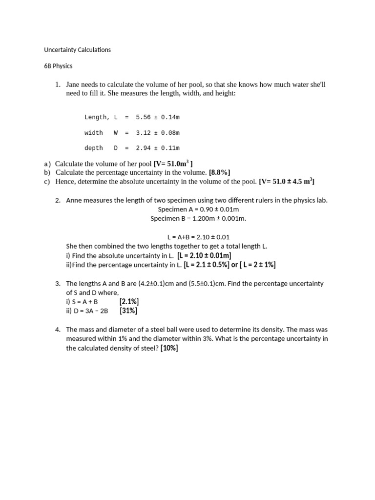 Uncertainty Calculations in Physics | PDF | Volume | Density
