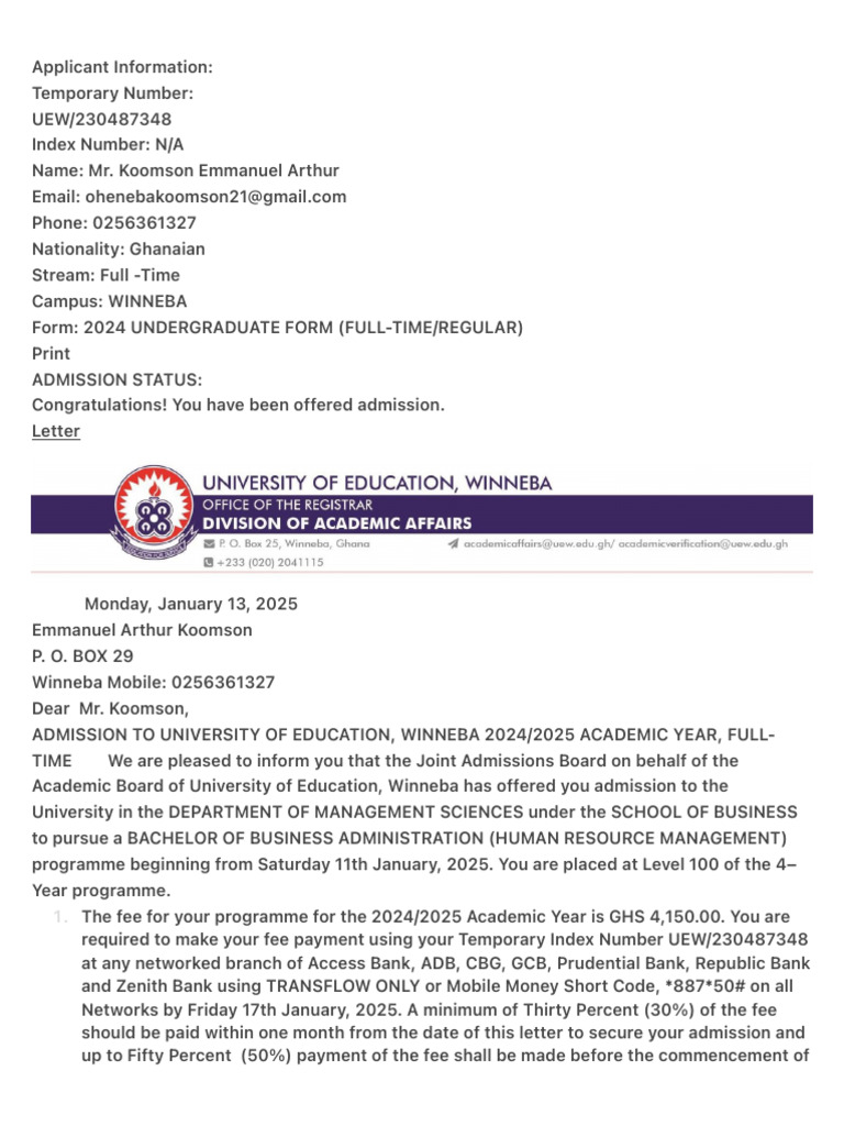 UEW Admission Letter for 2024/2025 | PDF