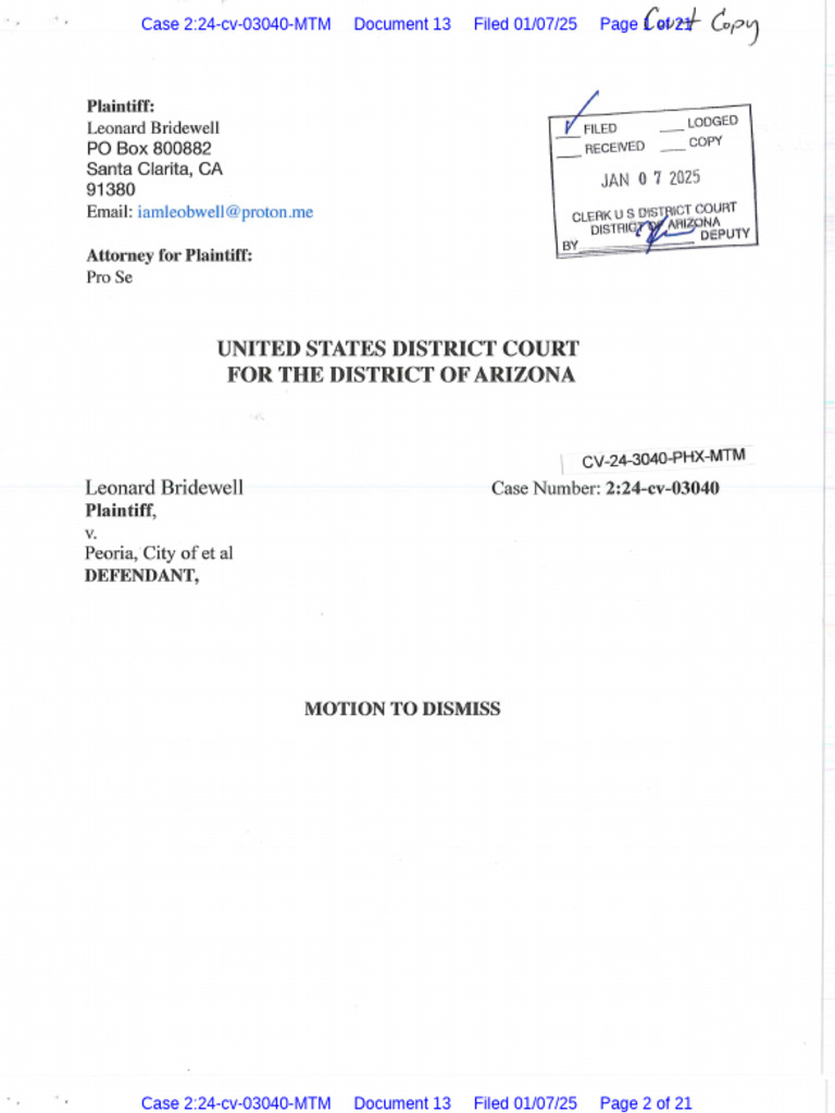 Memorandum of Plaintiff LEONARD BRIDEWELL - Case No. 2:24-cv-03040-MTM ...