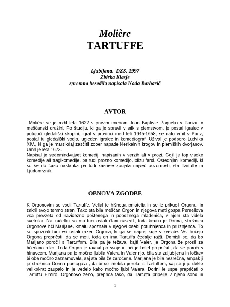 Slo Dob Moliere Jean Baptiste Tartuffe 11 Obnova Osebe | PDF