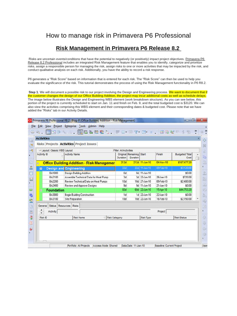 Risk Management in Primavera P6 Guide | PDF | Risk | Applied Mathematics