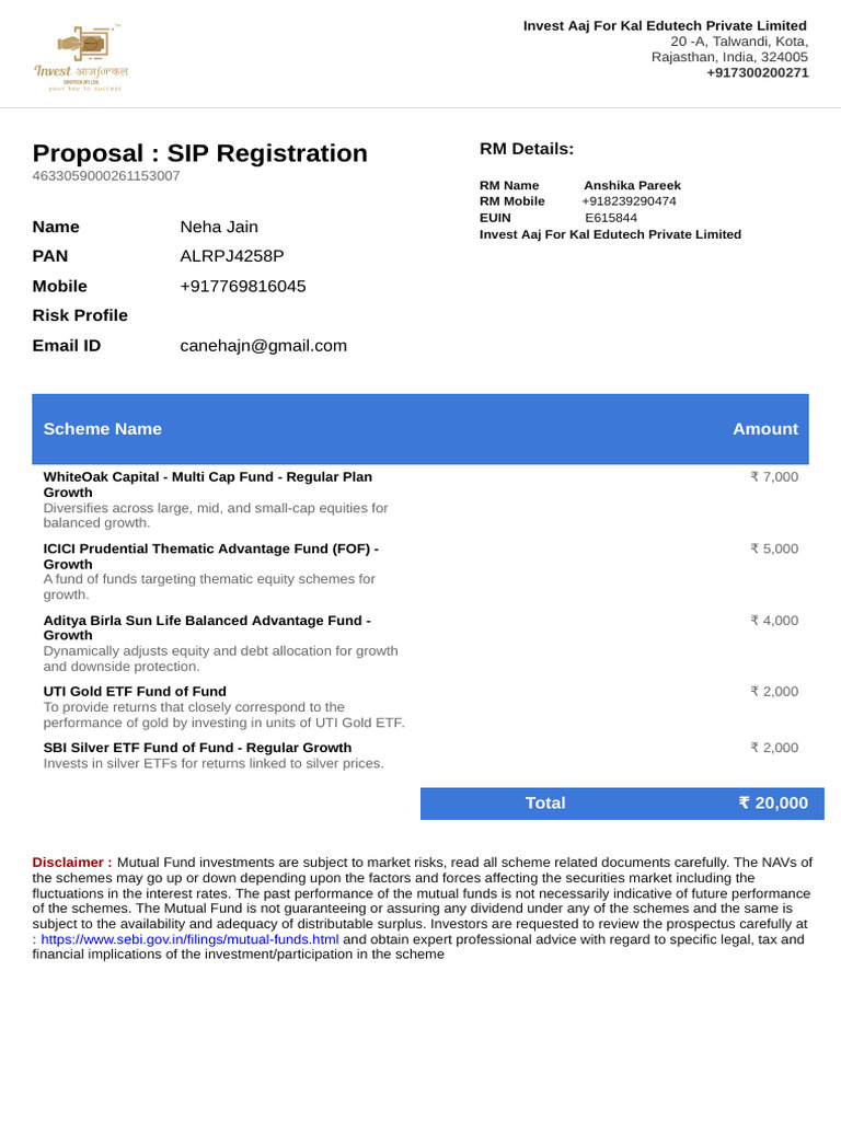 SIP Registration Proposal for Investment | PDF | Exchange Traded Fund ...