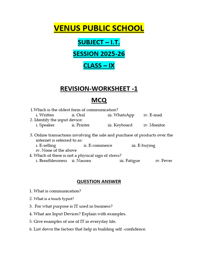 IT Revision Worksheet for Class IX | PDF