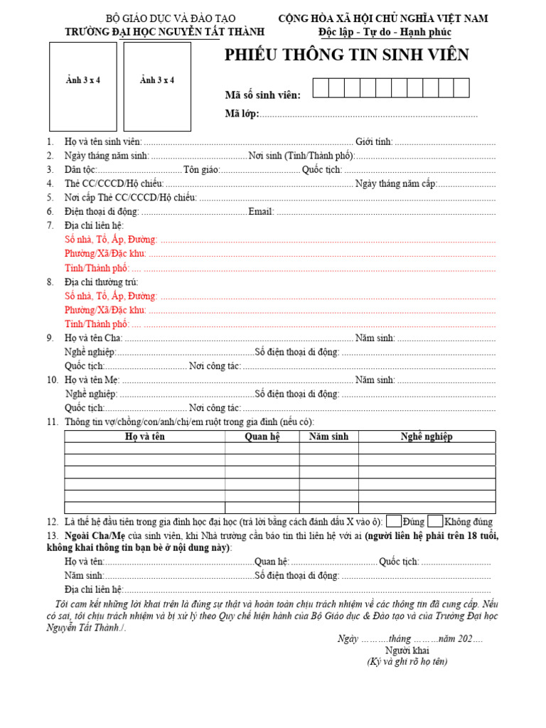 Phieu Thong Tin Sinh Vien 2025 - Cap Nhat - Ok | PDF