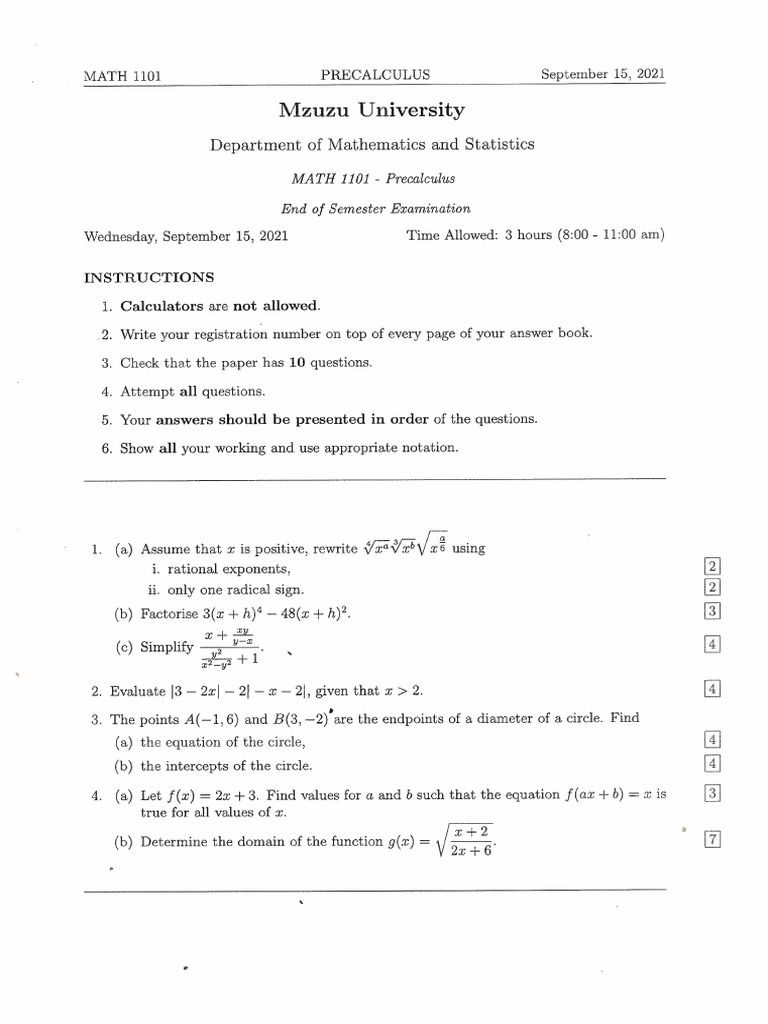 MATH 1101 Precalculus End of Semester Examination September 2021 | PDF