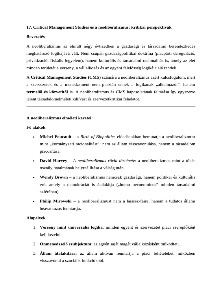 Critical Management Studies És A Neoliberalizmus | PDF