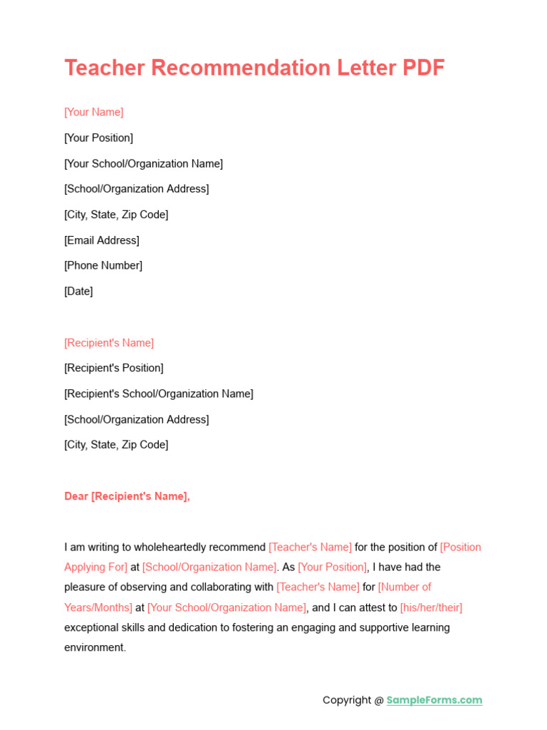 Teacher Recommendation Letter Template | PDF | Teachers | Behavior ...