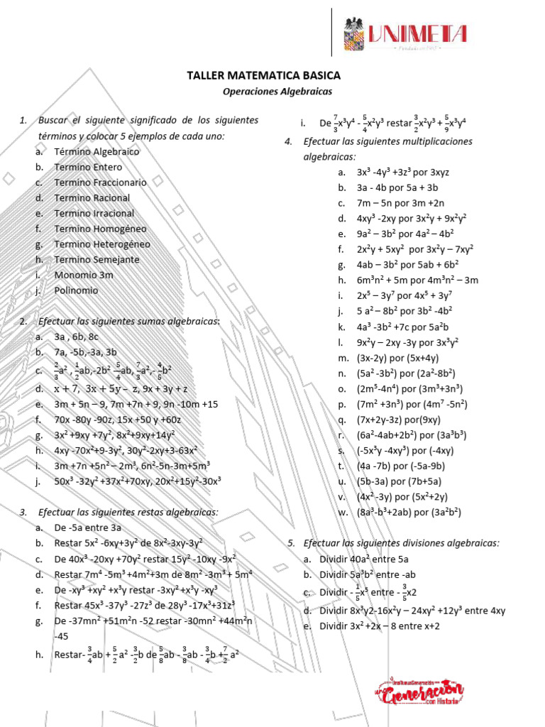 Taller de Operaciones Algebraicas | PDF | Aritmética | Teoría de los ...
