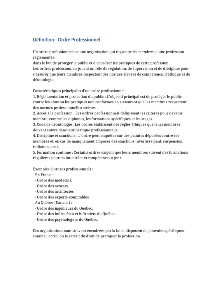 Définition de l'Ordre Professionnel | PDF
