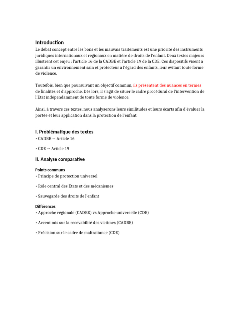 Analyse des droits de l'enfant : CADBE vs CDE | PDF