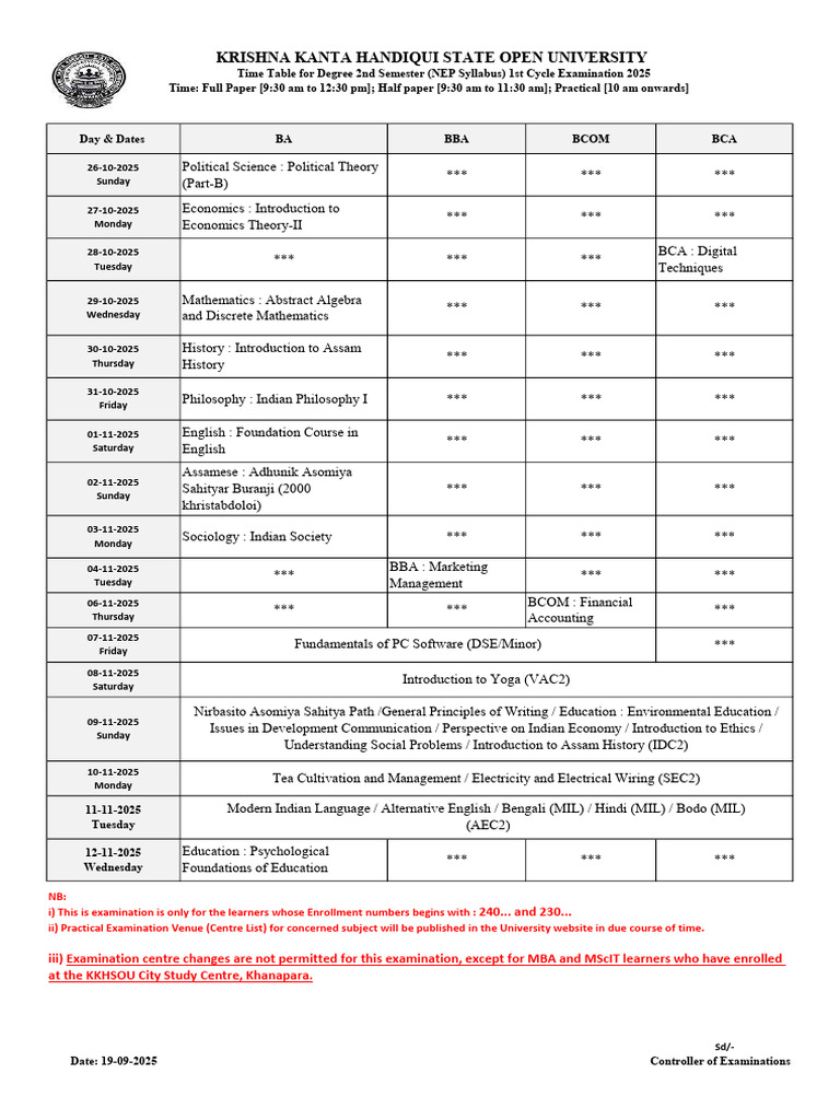 2025 Degree 2nd Semester Exam Schedule | PDF