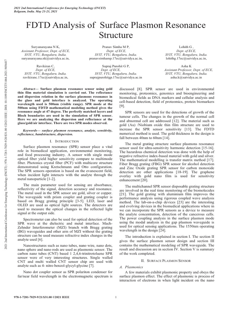 FDTD Analysis of SPR Sensors | PDF | Surface Plasmon Resonance | Plasmon