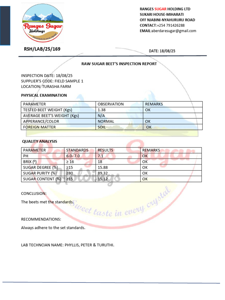 18th August Raw Beet's Inspection Turasha Farm Field Sample 1 Report | PDF