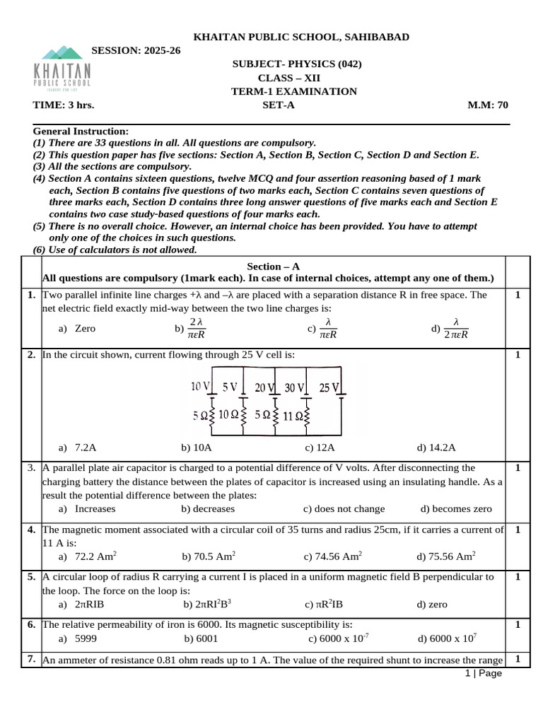 Class 12 Physics Term 1 Exam Paper | PDF | Inductance | Inductor